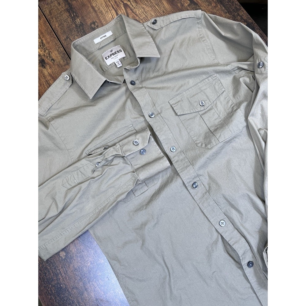 Express Fitted Gray Green Long Sleeve Button Down Shirt Mens M 15-15.5